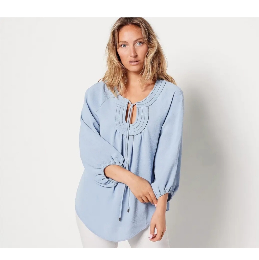 Dennis Basso Textured Woven Tunic Tie Neck Mystic Blue 2X  A399828